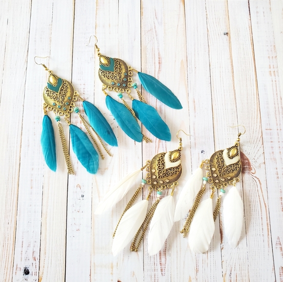 2 Pairs of Boho Dangle Feathers Earrings 🦋🦋 - Picture 2 of 6